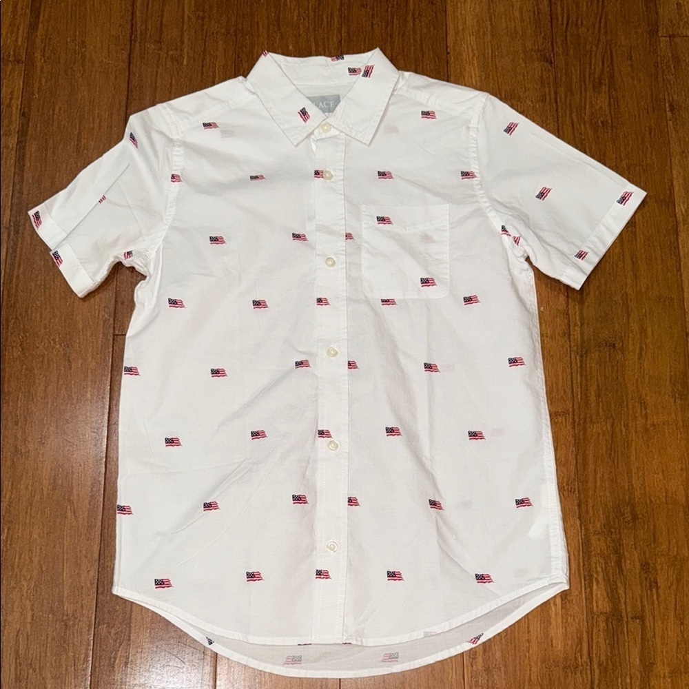 Children’s Place American flag boys short sleeve button-down Oxford shirt XL NWT